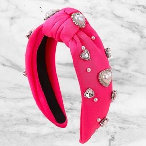 Brand New - hot pink headband with pearl hearts